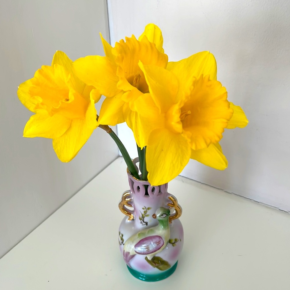 Vintage vase with hand painted Pheasant in purple, turquoise and gold accents.